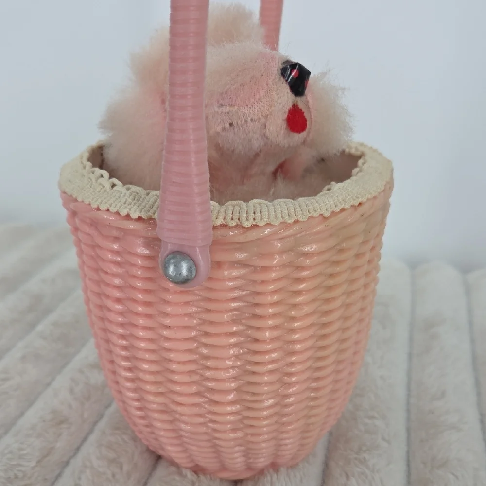 Vintage Japanese Pink Poodle In A Basket Windup Toy